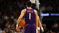 Detailed view of the jersey of Phoenix Suns guard Devin Booker (1) against the Denver Nuggets at the Mortgage Matchup Center.