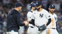 New York Yankees relief pitcher Devin Williams (38) is relieved of his pitching duties in the eighth inning against the Toronto Blue Jays the during game three of the ALDS round for the 2025 MLB playoffs at Yankee Stadium.