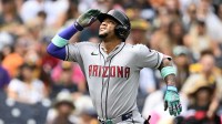 Arizona Diamondbacks second baseman Ketel Marte (4) looks skyward after hitting a solo home run during the first inning against the San Diego Padres at Petco Park.