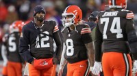Cleveland Browns quarterback Shedeur Sanders (12) paces the sideline after quarterback Dillon Gabriel (8) failed to score on a drive during the first half of NFL football game against the Baltimore Ravens at Huntington Bank Field, Nov. 16, 2025, in Cleveland, Ohio.