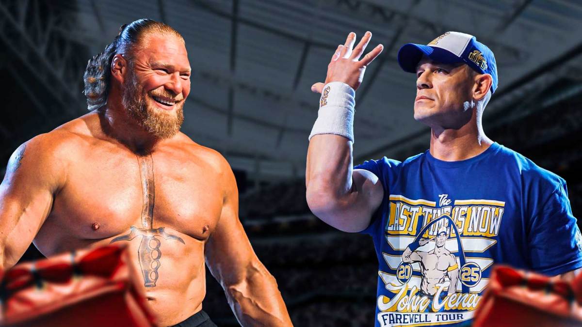 WWE stars Brock Lesnar and John Cena with U.S. Bank Stadium in Minneapolis, Minnesota, background.