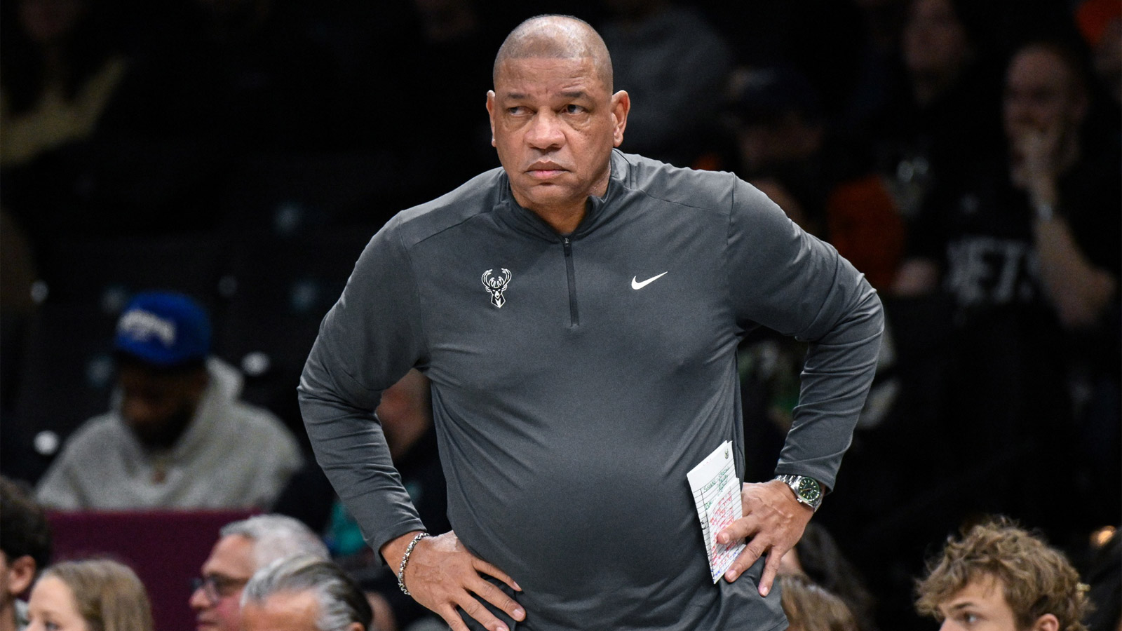 Milwaukee Bucks Head Coach Doc Rivers looks on during the first half against the Brooklyn Nets at Barclays Center.