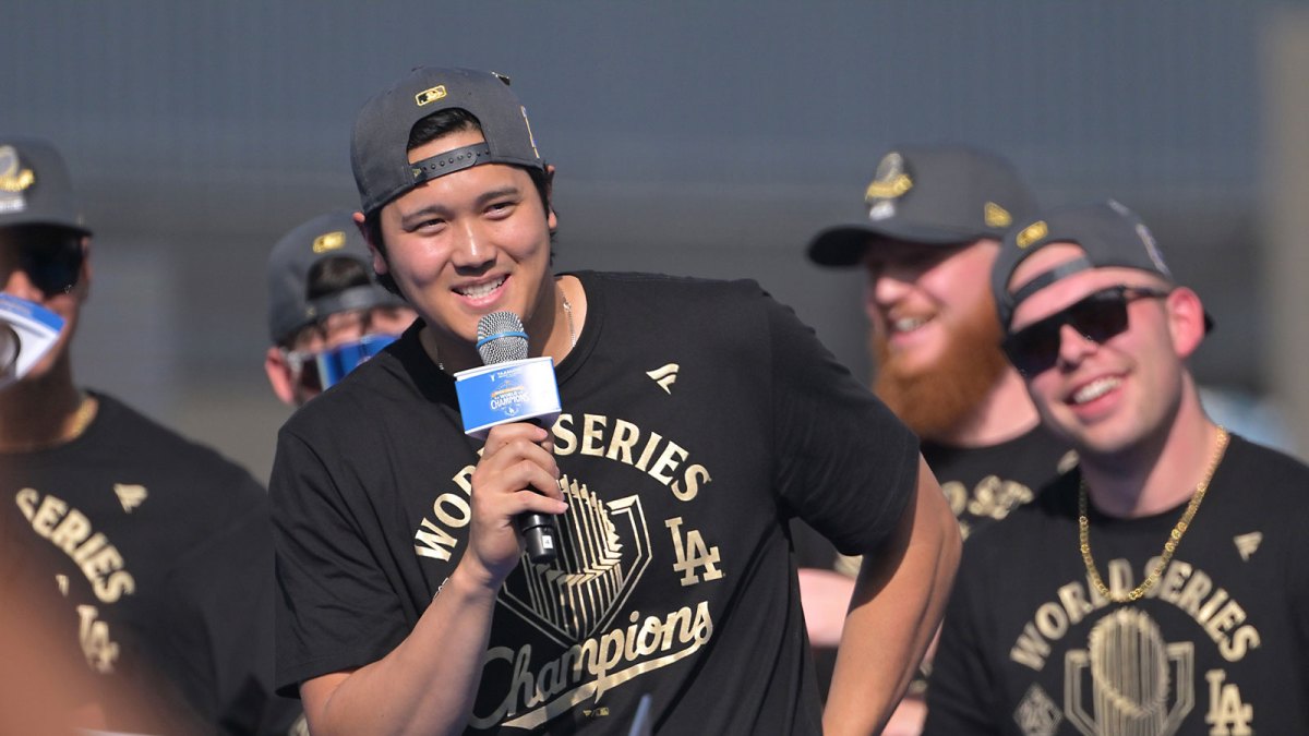 Los Angeles Dodgers designated hitter Shohei Ohtani (17) during the World Series celebration at Dodger Stadium.