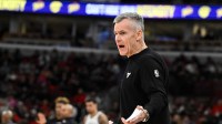 Chicago Bulls head coach Billy Donovan directs the team during the first half against the Brooklyn Nets at the United Center.
