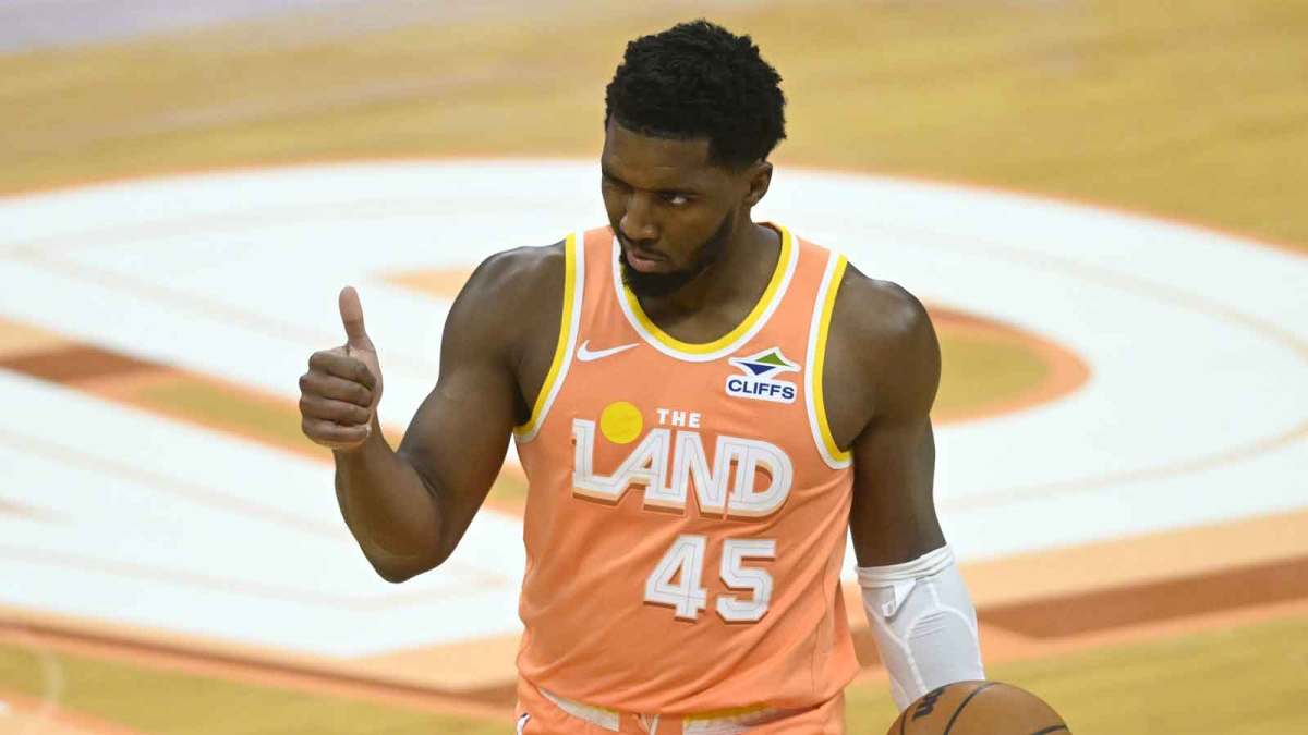Cleveland Cavaliers guard Donovan Mitchell (45) reacts in the fourth quarter against the Milwaukee Bucks at Rocket Arena.