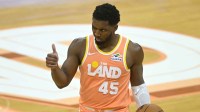Cleveland Cavaliers guard Donovan Mitchell (45) reacts in the fourth quarter against the Milwaukee Bucks at Rocket Arena.