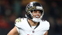 Atlanta Falcons wide receiver Drake London (5) celebrates a touchdown against the Indianapolis Colts during the Berlin Game at Olympic Stadium.