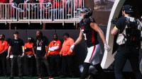 Atlanta Falcons wide receiver Drake London (5) enters the field before the game against the Carolina Panthers at Mercedes-Benz Stadium.