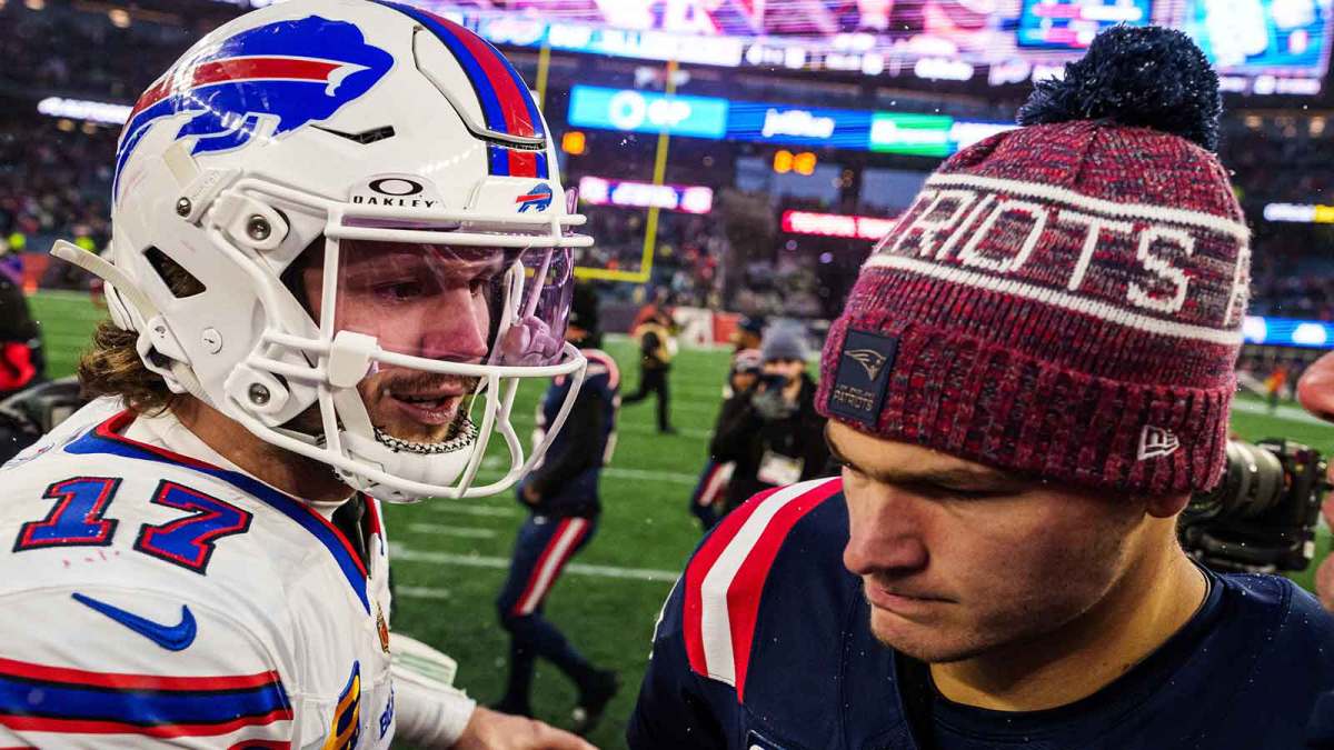 New England Patriots quarterback Drake Maye (10) meets Buffalo Bills quarterback Josh Allen (17) on the field after the game at Gillette Stadium.