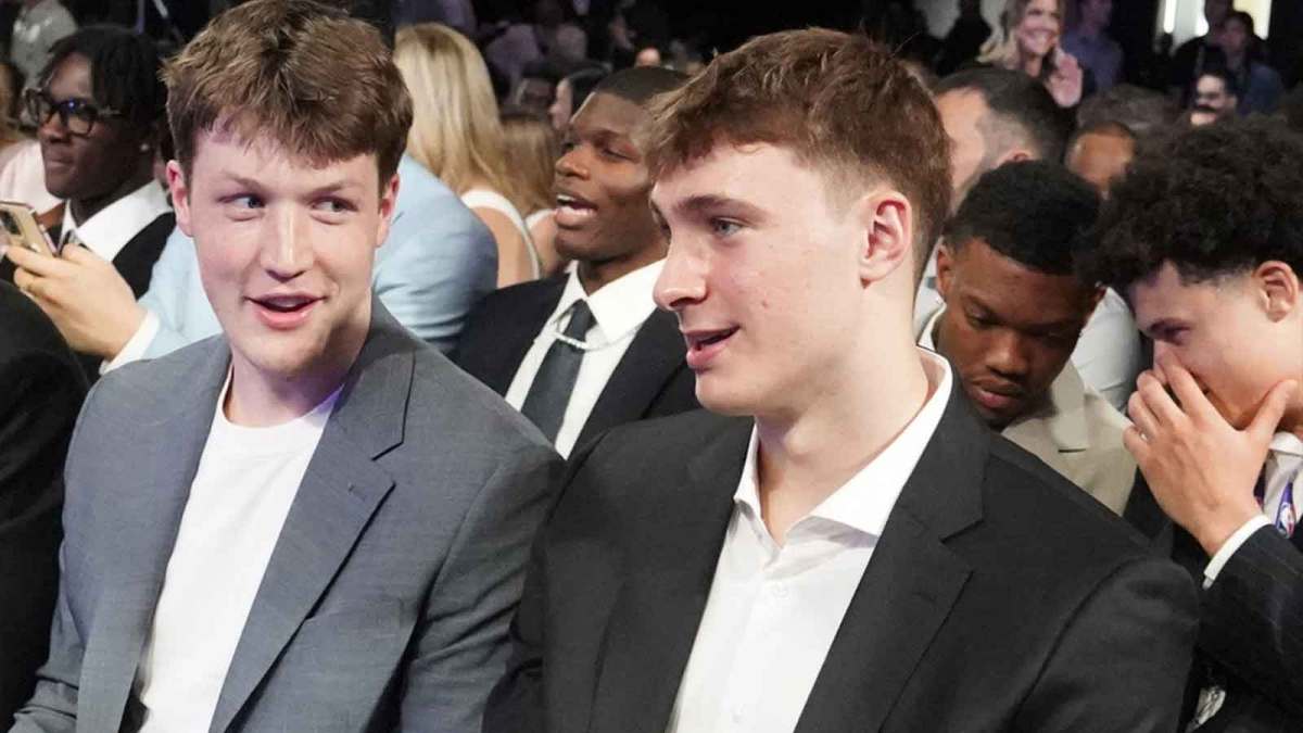 Duke players L-R Kon Knueppel and Cooper Flagg, during the 2025 NBA Draft Lottery at McCormick Place.