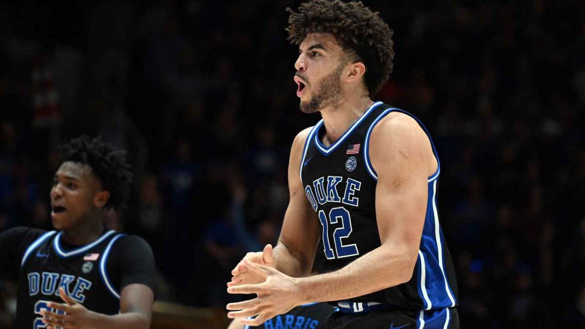 Duke Blue Devils forward Cameron Boozer (12) reacts during the second half against the Florida Gators at Cameron Indoor Stadium. The Blue Devils won 67-66.