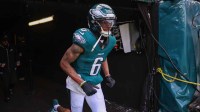 Philadelphia Eagles wide receiver Devonta Smith (6) runs onto the field before the game against the Las Vegas Raiders at Lincoln Financial Field.