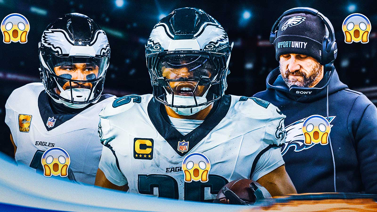 Jalen Hurts, Saquon Barkley, and Nick Sirianni with this emoji 😱 over their heads in front of the Eagles stadium.