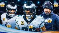Jalen Hurts, Saquon Barkley, and Nick Sirianni with this emoji 😱 over their heads in front of the Eagles stadium.