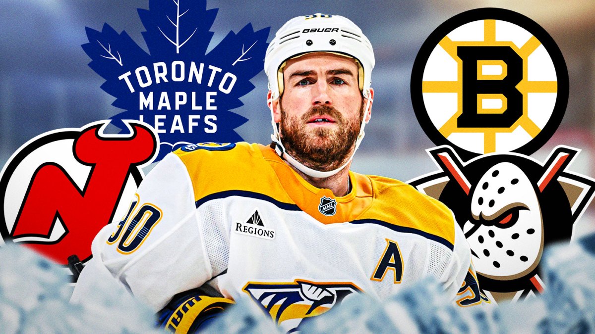 Ryan O'Reilly surrounded by Devils, Maple Leafs, Bruins, Ducks logos
