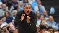 Georgetown Hoyas head coach Ed Cooley reacts in the first half at Dean E. Smith Center. Mandatory Credit: Bob Donnan-Imagn Images
