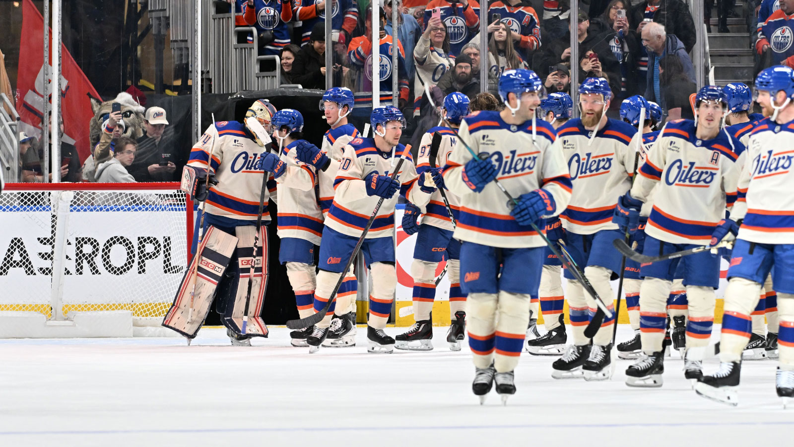 Edmonton Oilers goalie Stuart Skinner (74) celebrates their win over the Winnipeg Jets at Rogers Place.