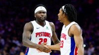 Detroit Pistons forward Isaiah Stewart (28) shakes hands with guard Jaden Ivey (23) after a play against the Sacramento Kings during the third quarter at Golden 1 Center