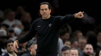 Miami Heat head coach Erik Spoelstra coaches against the Brooklyn Nets during the fourth quarter at Barclays Center.