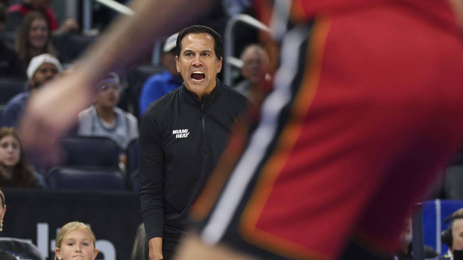 Miami Heat head coach Erik Spoelstra reacts after a play against the Orlando Magic in the third quarter at Kia Center.