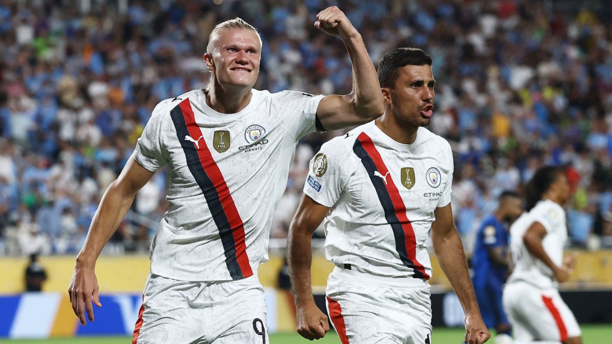 Manchester City forward Erling Haaland (9) celebrates scoring their second goal with midfielder Rodri (16) during a round of 16 match of the 2025 FIFA Club World Cup at Camping World Stadium.