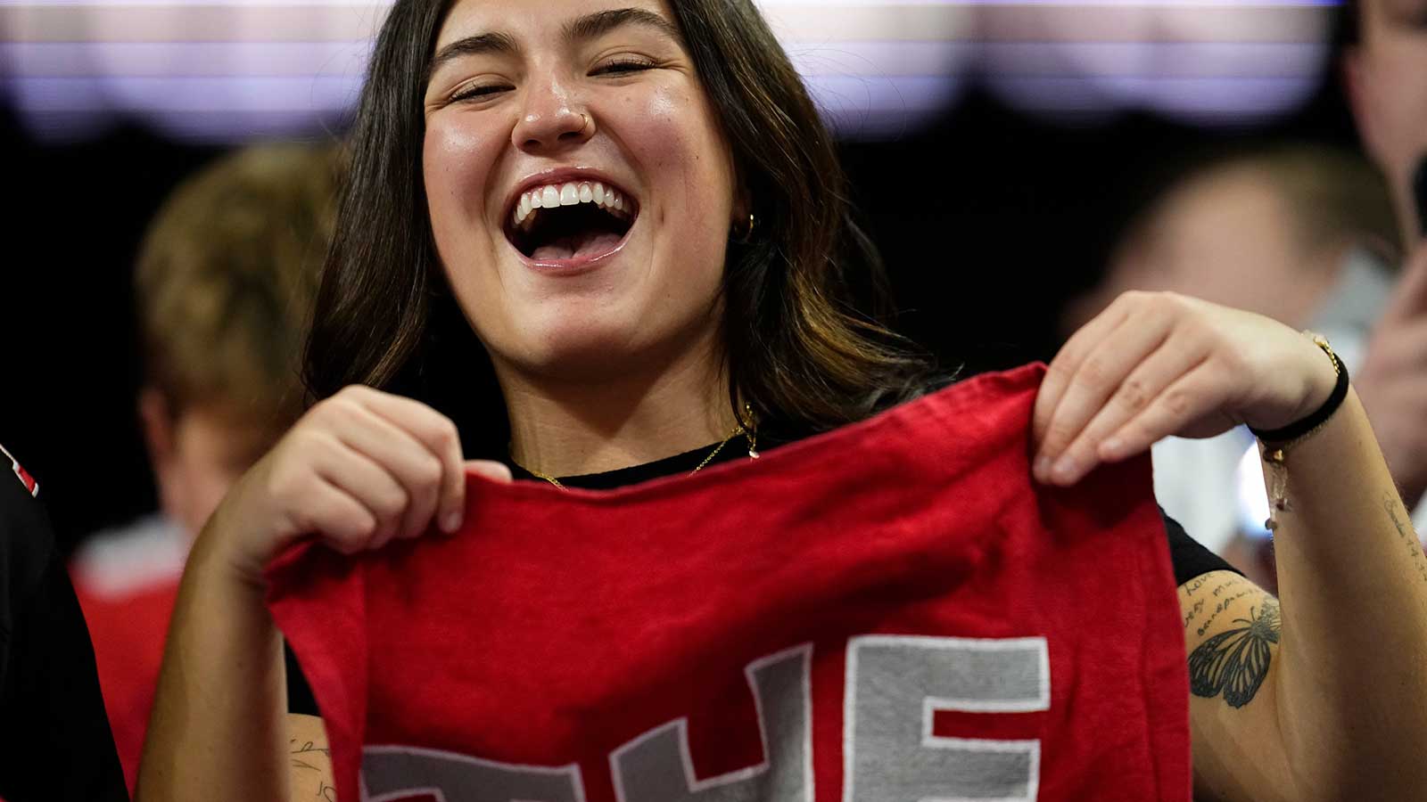 Ohio State Buckeyes fans cheer during the Big Ten Conference championship game against the Indiana Hoosiers at Lucas Oil Stadium in Indianapolis on Dec. 6, 2025. Ohio State lost 13-10.