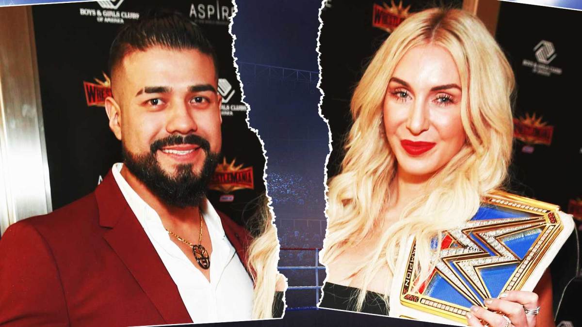 Former WWE star Andrade and Charlotte Flair, who got divorced in 2024, with page torn effect.