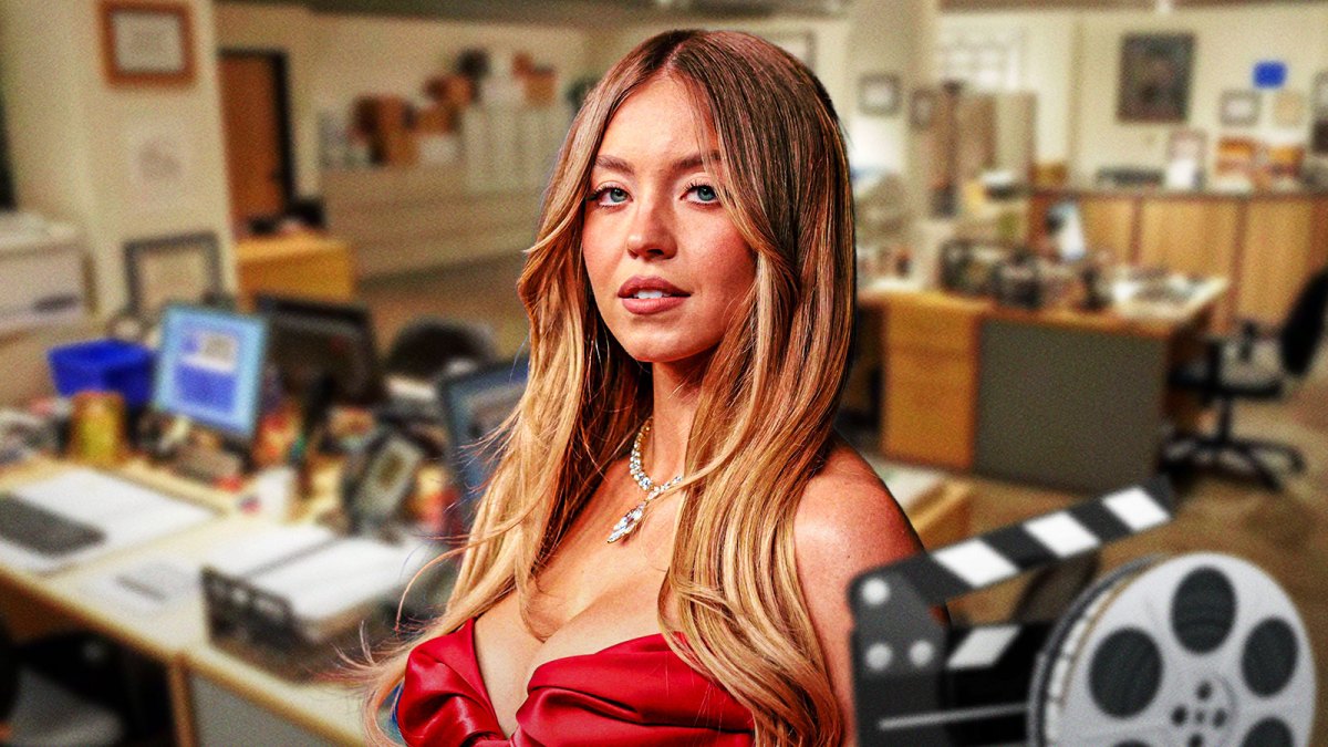 The Housemaid star Sydney Sweeney with Dunder Mifflin from The Office background.