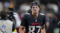 Atlanta Falcons wide receiver David Sills V (87) shown on the field during the game against the Washington Commanders at Mercedes-Benz Stadium.