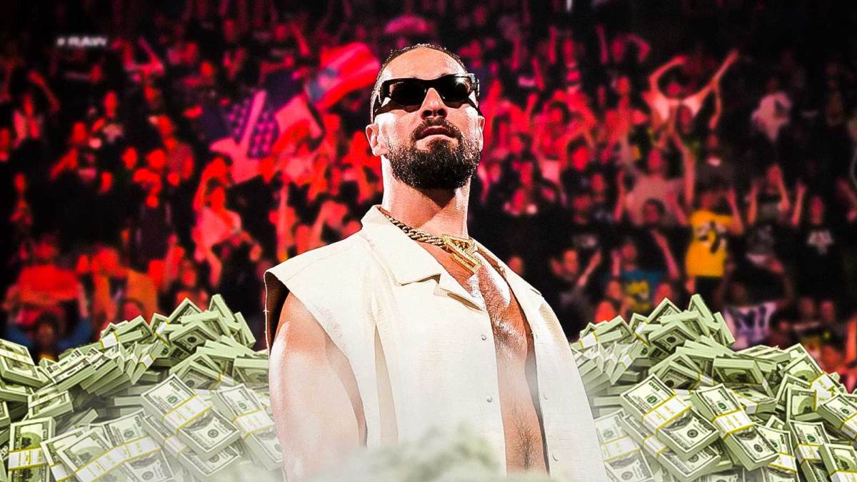 WWE Superstar Seth Rollins with money around him to represent his contract.