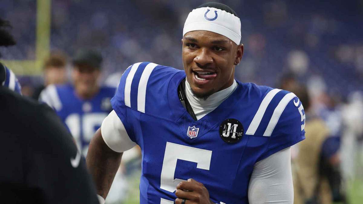 Indianapolis Colts quarterback Anthony Richardson (5) walks off the field after their win against the Las Vegas Raiders at Lucas Oil Stadium.
