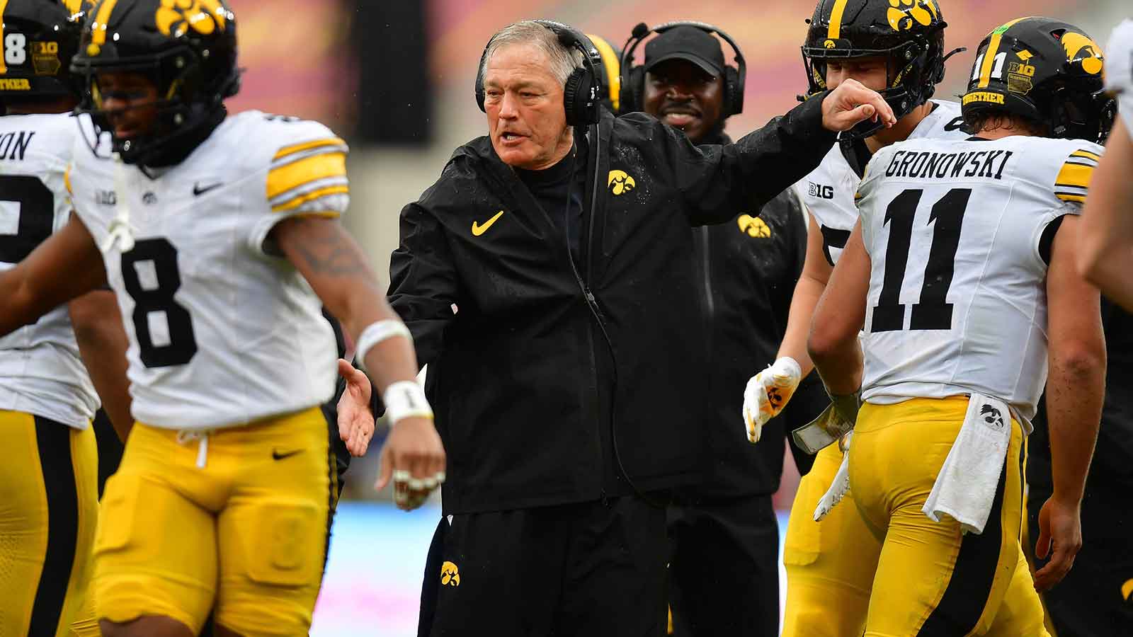 Iowa Hawkeyes head coach Kirk Ferentz during the first half at the Los Angeles Memorial Coliseum.