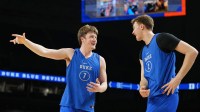 Duke Blue Devils guard Kon Knueppel (7) and guard Cooper Flagg (2) during a practice session for the Final Four of the 2025 NCAA tournament at Alamodome