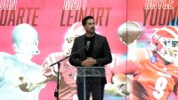 Heisman Trophy winner Matt Leinart of Southern California (2004) speaks during the Mater Dei High Heisman Homecoming ceremony at the Meruelo Athletic Center.