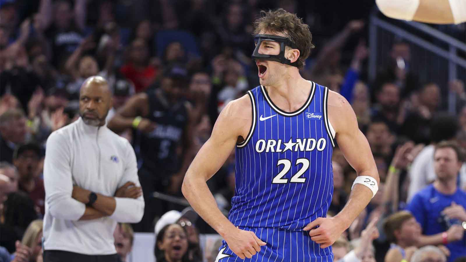 Orlando Magic forward Franz Wagner (22) reacts after a basket against the Miami Heat in the third quarter at Kia Center.