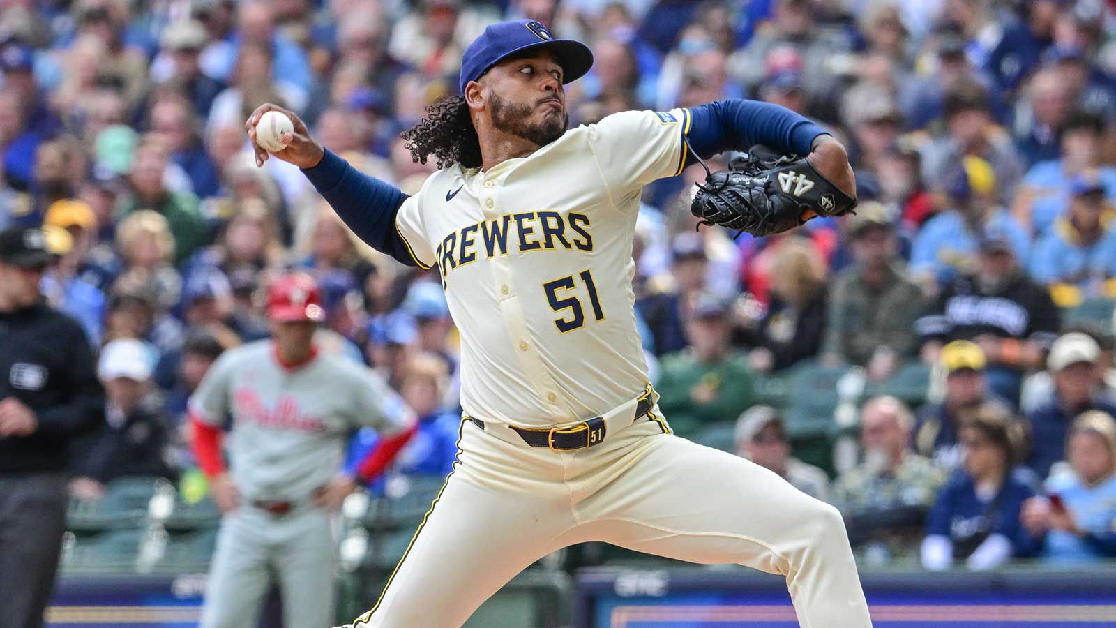 Milwaukee Brewers starting pitcher Freddy Peralta (51) throws against the Philadelphia Phillies in the first inning at American Family Field.