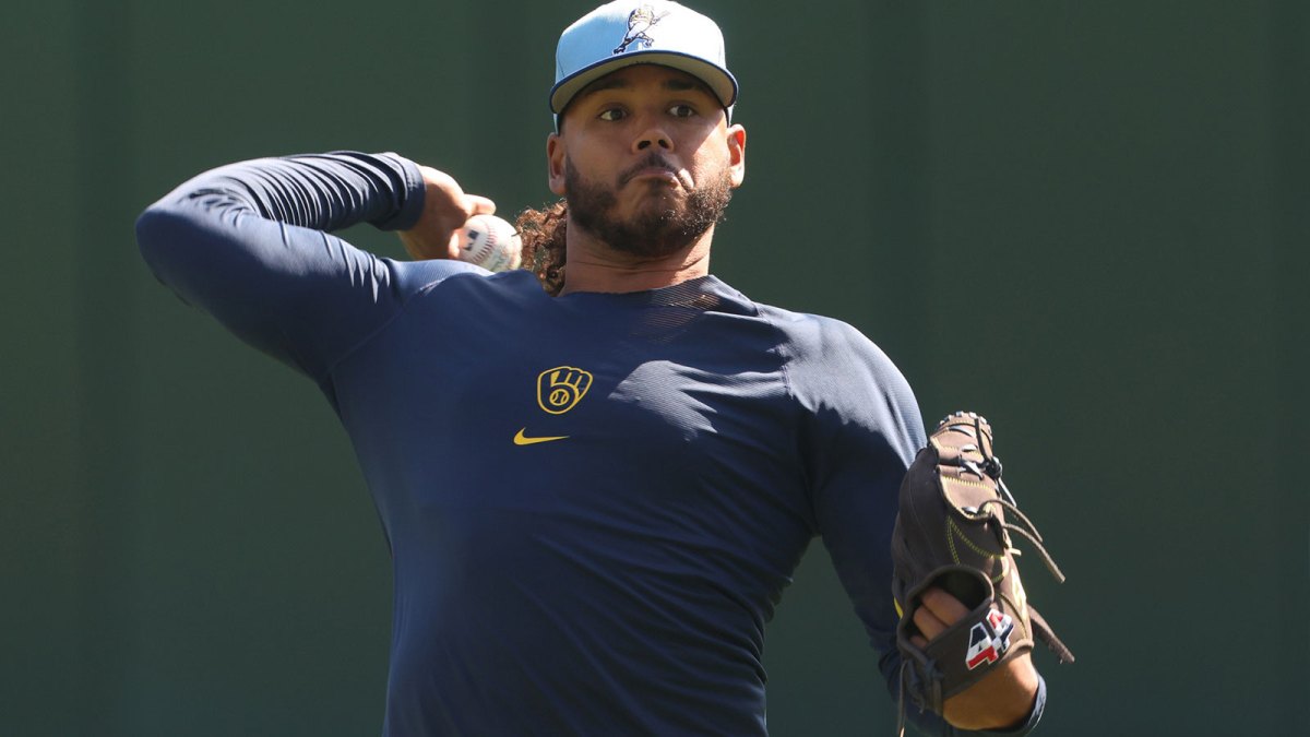 Milwaukee Brewers pitcher Freddy Peralta (51) throws in the outfield before the game against the Pittsburgh Pirates at PNC Park.