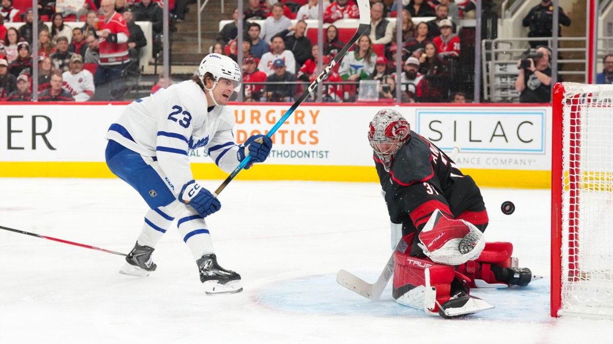 Toronto Maple Leafs left wing Matthew Knies (23) scores a goal past Carolina Hurricanes goaltender Frederik Andersen (31) during the first period at Lenovo Center.