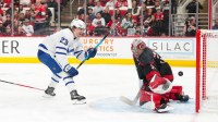 Toronto Maple Leafs left wing Matthew Knies (23) scores a goal past Carolina Hurricanes goaltender Frederik Andersen (31) during the first period at Lenovo Center.