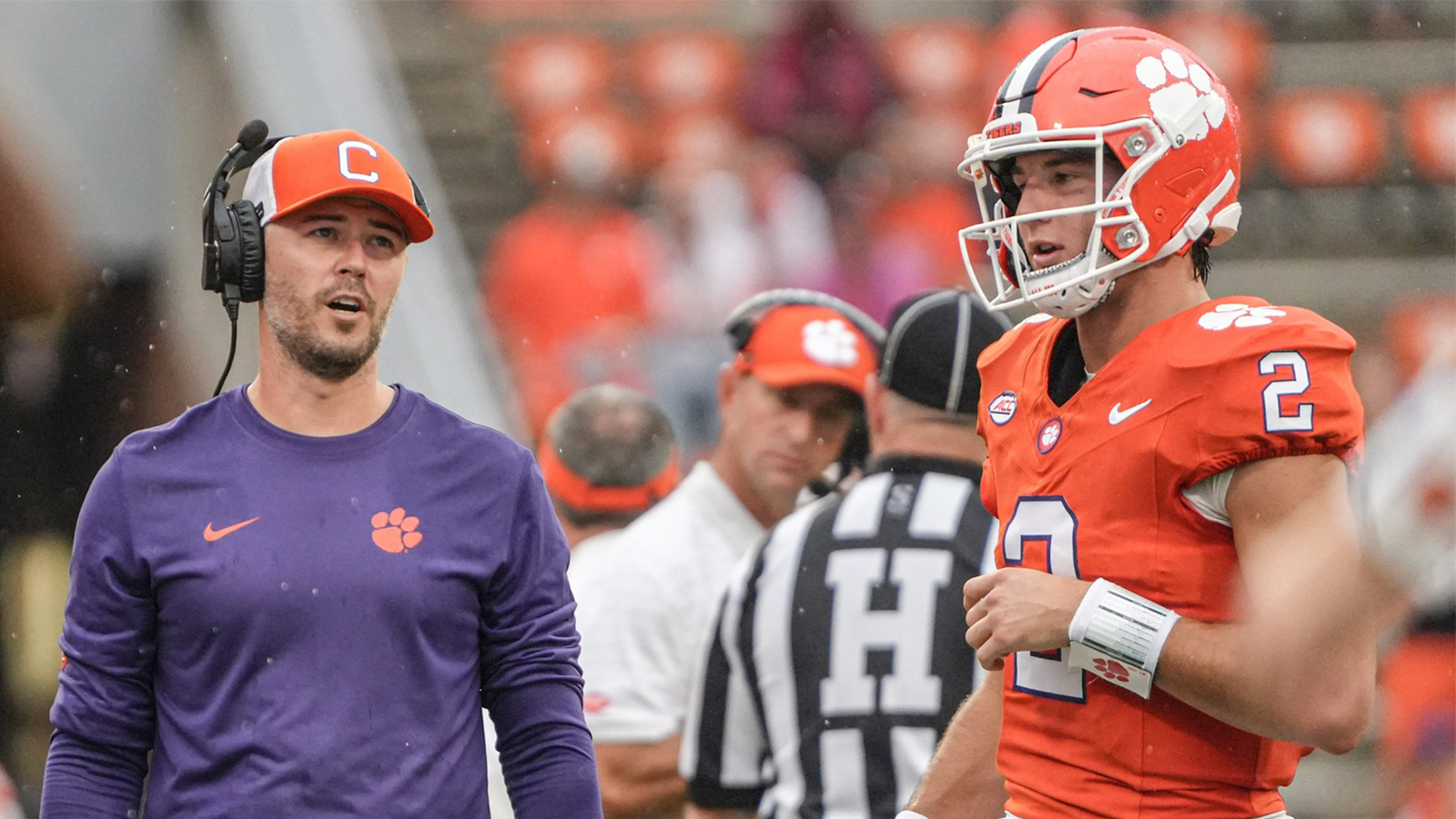 Clemson offensive coordinator Garrett Riley talks with quarterback Cade Klubnik (2) during at timeout in the second quarter at Memorial Stadium in Clemson, S.C. Saturday, September 6, 2025.