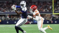 Dallas Cowboys wide receiver George Pickens (3) catches a pass against Kansas City Chiefs cornerback Jaylen Watson (35) during the fourth quarter at AT&T Stadium.