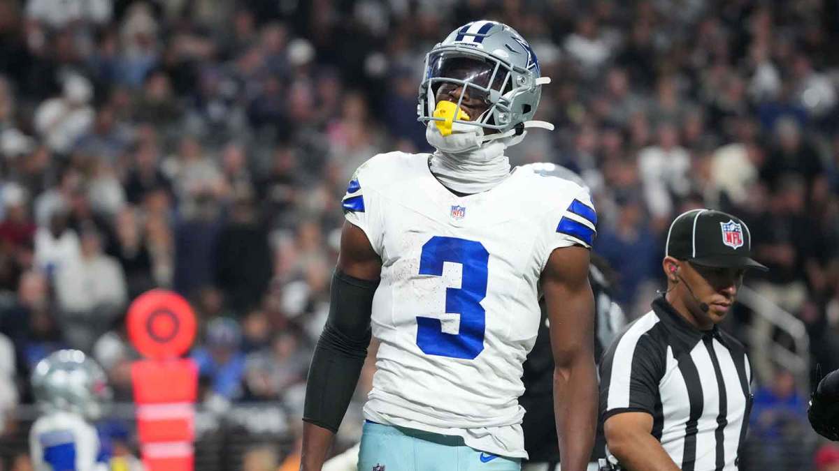 Dallas Cowboys wide receiver George Pickens (3) reacts after making a catch against the Las Vegas Raiders during the second half at Allegiant Stadium.