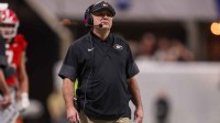 Georgia Bulldogs head coach Kirby Smart on the sideline against the Georgia Tech Yellow Jackets in the second quarter at Mercedes-Benz Stadium.