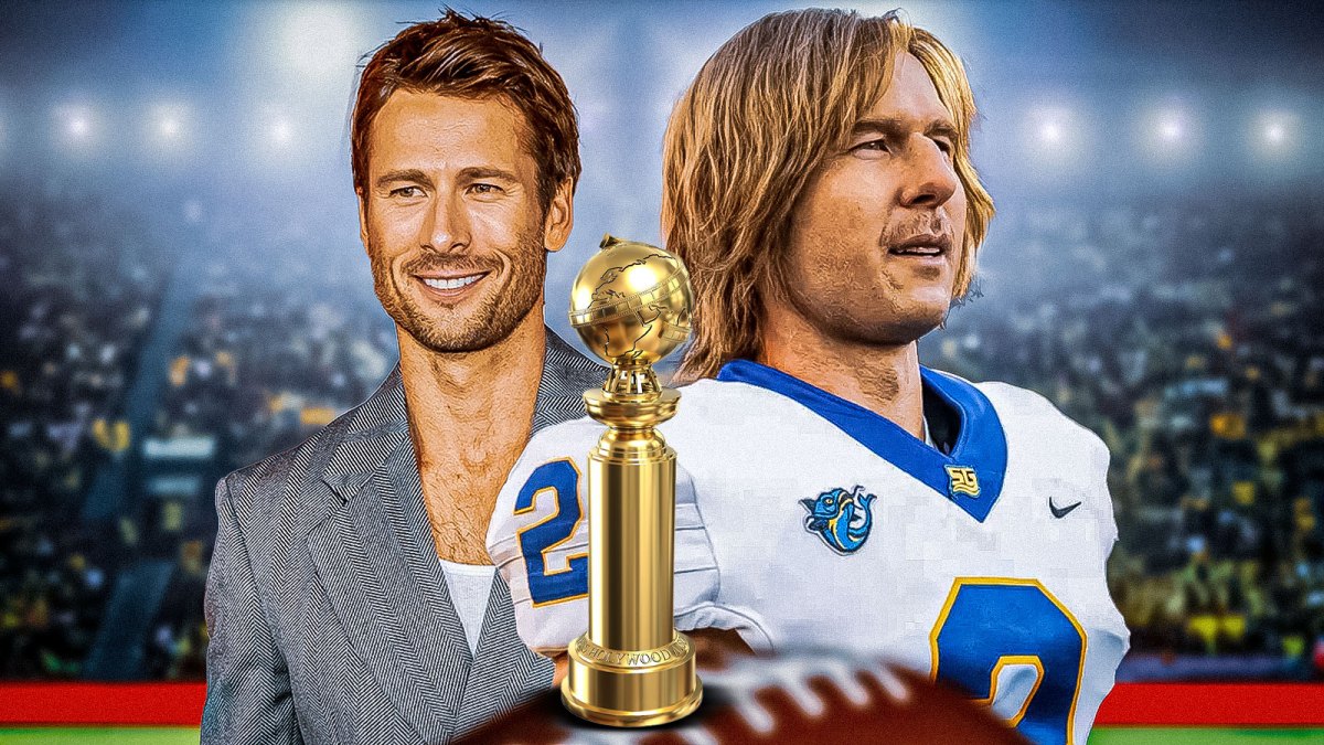 Glen Powell and Golden Globe trophy next to Chad Powers.