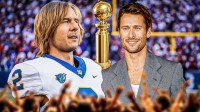 Glen Powell normal and as Chad Powers on the left with a Golden Globes trophy.