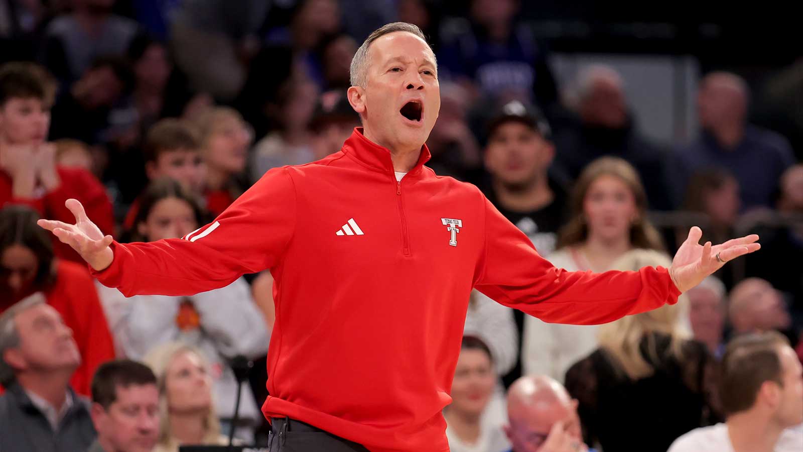 Texas Tech Red Raiders head coach Grant McCasland coaches against the Duke Blue Devils during the first half at Madison Square Garden. 