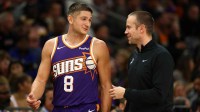 Phoenix Suns guard Grayson Allen (8) with head coach Jordan Ott against the Denver Nuggets at the Mortgage Matchup Center.