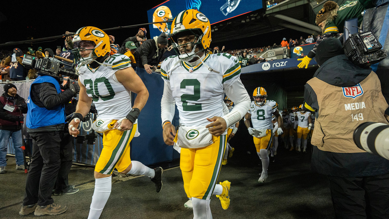 Green Bay Packers quarterback Malik Willis (2) takes to the field before their game against the Chicago Bears
