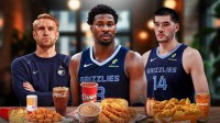 Grizzlies trio Tuomas Iisalo (Chick-fil-A), Jaren Jackson Jr. (Raising Cane's), Zach Edey (Popeyes) with secret sauce.