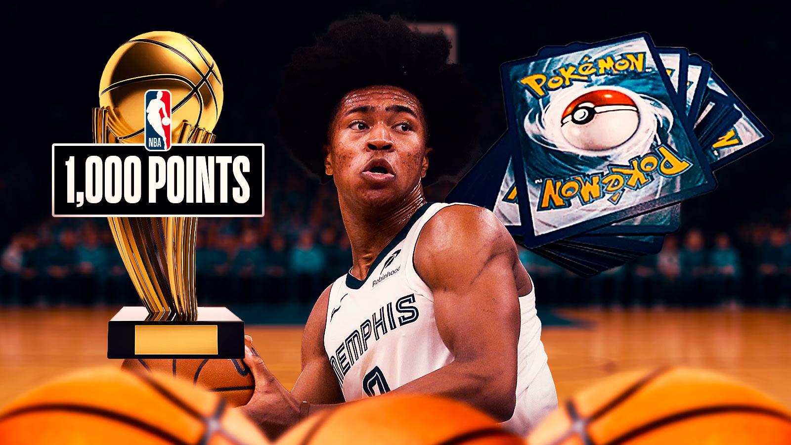 Grizzlies Jaylen Wells with Pokemon cards.